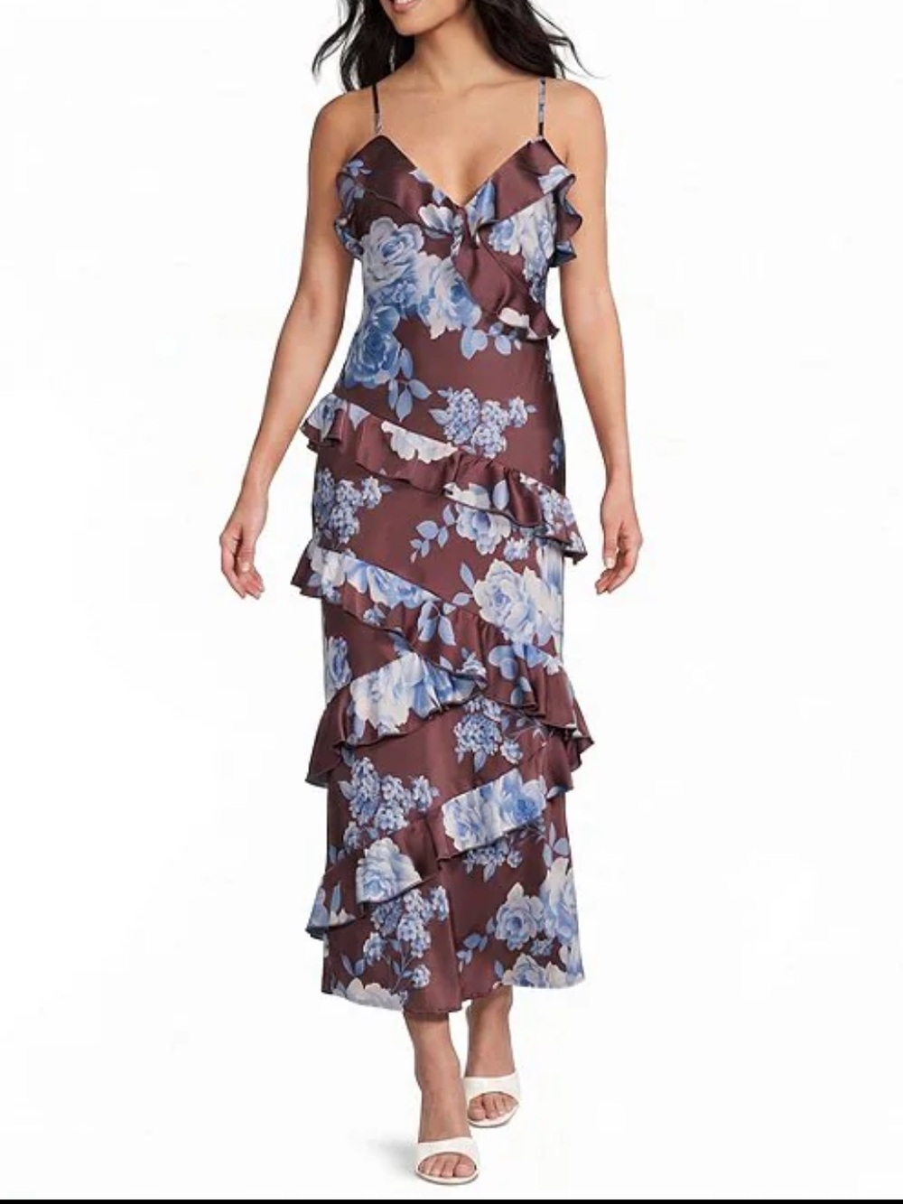 Floral Ruffle Maxi Dress in Brown and Blue